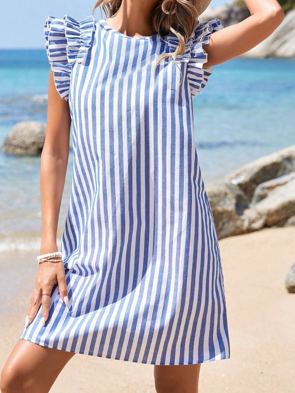 Blue And White Casual Women's Striped Ruffle Trim Strapless Dress - Picture 3 of 6
